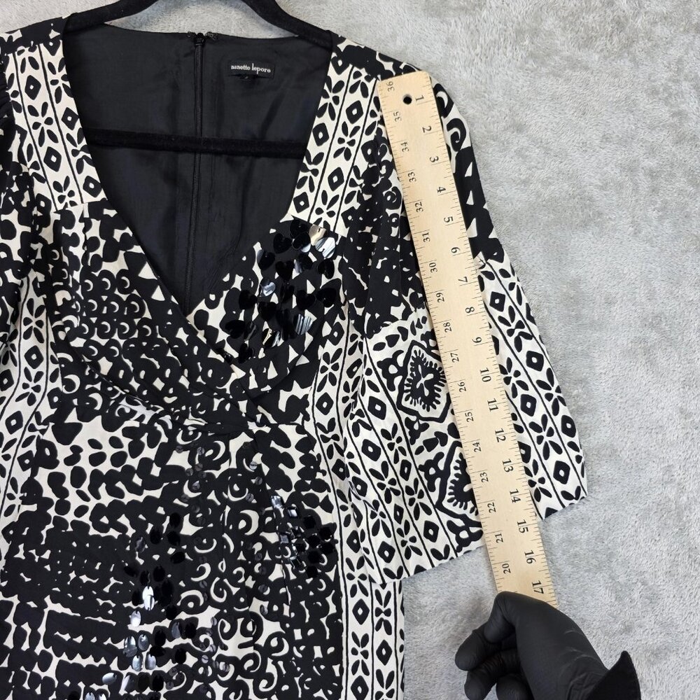 Vintage Nanette Lepore Blouse Womens 2 Black White Silk Sequin Embellished Boho - Picture 6 of 14
